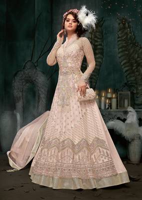 Pink Embroidered Net Semi Stitched Salwar With Dupatta 1