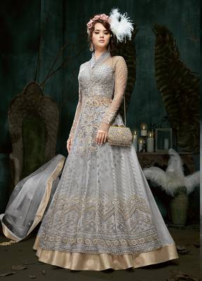 Grey Embroidered Net Semi Stitched Salwar With Dupatta 1