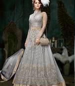 Grey Embroidered Net Semi Stitched Salwar With Dupatta