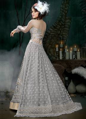 Grey Embroidered Net Semi Stitched Salwar With Dupatta 2