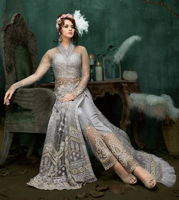Grey Embroidered Net Semi Stitched Salwar With Dupatta 3