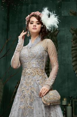 Grey Embroidered Net Semi Stitched Salwar With Dupatta 4