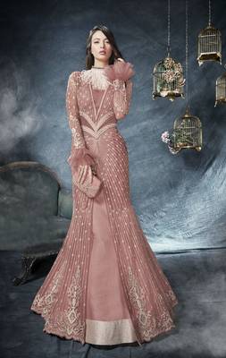 Peach Embroidered Net Semi Stitched Salwar With Dupatta 1