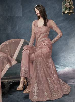 Peach Embroidered Net Semi Stitched Salwar With Dupatta 3