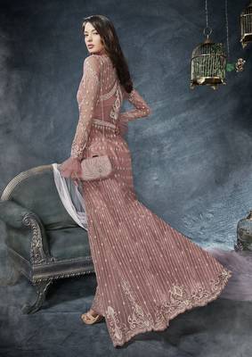 Peach Embroidered Net Semi Stitched Salwar With Dupatta 4