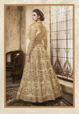Beige Embroidered Net Semi Stitched Salwar With Dupatta 2