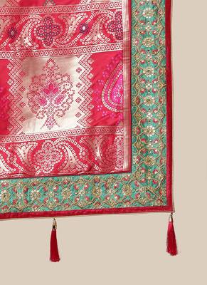 Pink Woven Zari with Embroidery Border Silk Blend Saree With Blouse Pics 3