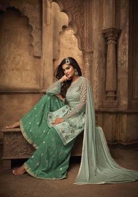 Green Embroidered Georgette Semi Stitched Salwar With Dupatta 2