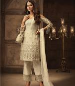 Cream Embroidered Georgette Semi Stitched Salwar With Dupatta