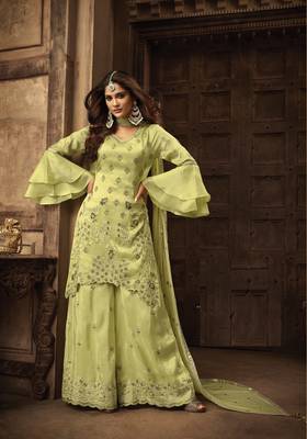 Green Embroidered Georgette Semi Stitched Salwar With Dupatta 1