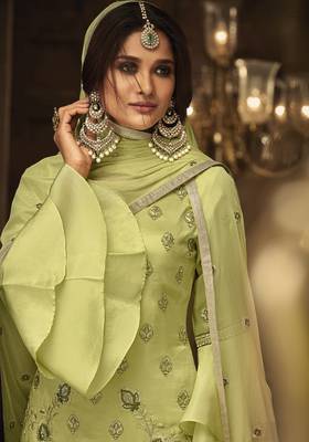 Green Embroidered Georgette Semi Stitched Salwar With Dupatta 2