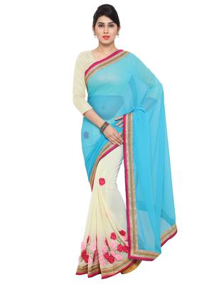 Cream & green Embroiderd Georgette Saree With Blouse Pics 1