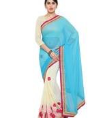 Cream & green Embroiderd Georgette Saree With Blouse Pics