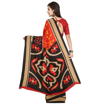 Red & Multi Abstract Print Crepe Saree With Blouse Pics 1