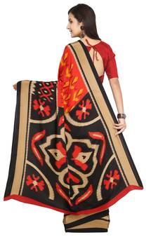 Red & Multi Abstract Print Crepe Saree With Blouse Pics