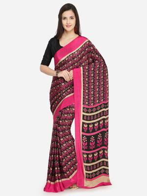 Red & Multi Floral Print Crepe Saree With Blouse Pics 1