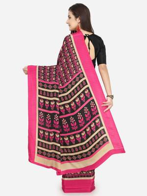 Red & Multi Floral Print Crepe Saree With Blouse Pics 2