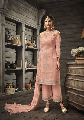 Peach Embroidered Georgette Semi Stitched Salwar With Dupatta 1