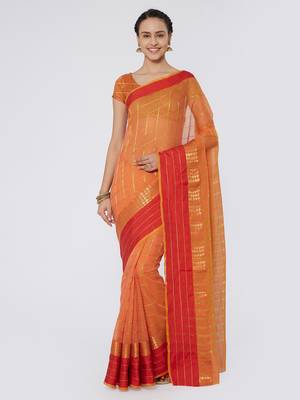 Peach & Red Woven Zari Cotton Silk Saree With Blouse Pics 1