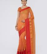 Peach & Red Woven Zari Cotton Silk Saree With Blouse Pics