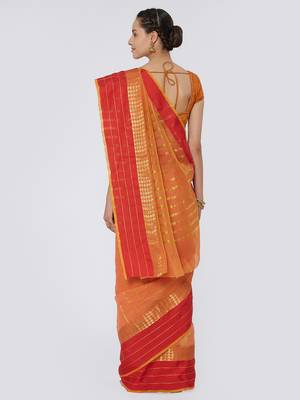 Peach & Red Woven Zari Cotton Silk Saree With Blouse Pics 2