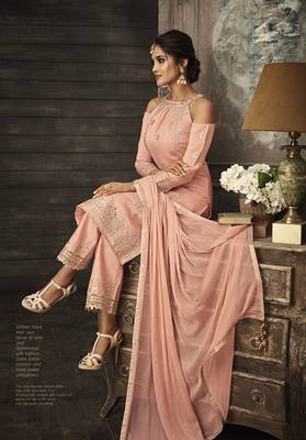Peach Embroidered Georgette Semi Stitched Salwar With Dupatta 2