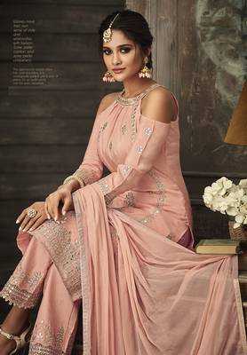 Peach Embroidered Georgette Semi Stitched Salwar With Dupatta 4