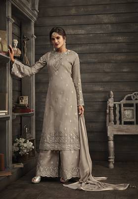 Grey Embroidered Georgette Semi Stitched Salwar With Dupatta 1