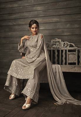 Grey Embroidered Georgette Semi Stitched Salwar With Dupatta 2