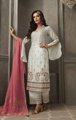 Grey Embroidered Georgette Semi Stitched Salwar With Dupatta 1