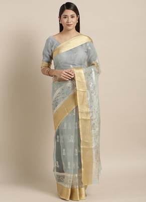 Grey Foil/Rubber print with Zari Border Organza Saree With Blouse Pics 1
