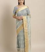 Grey Foil/Rubber print with Zari Border Organza Saree With Blouse Pics