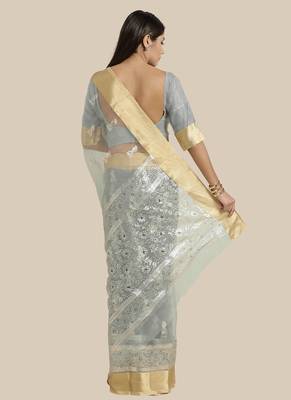 Grey Foil/Rubber print with Zari Border Organza Saree With Blouse Pics 2