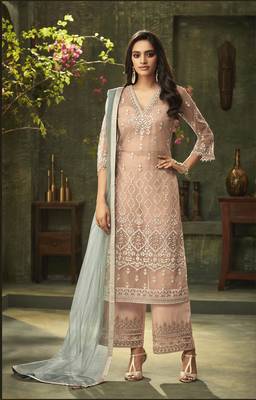 Peach Embroidered Net Semi Stitched Salwar With Dupatta 1