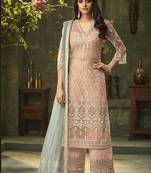 Peach Embroidered Net Semi Stitched Salwar With Dupatta
