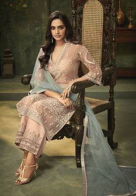 Peach Embroidered Net Semi Stitched Salwar With Dupatta 2