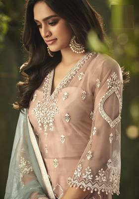 Peach Embroidered Net Semi Stitched Salwar With Dupatta 3