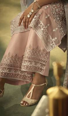 Peach Embroidered Net Semi Stitched Salwar With Dupatta 4