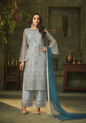Grey Embroidered Net Semi Stitched Salwar With Dupatta 1