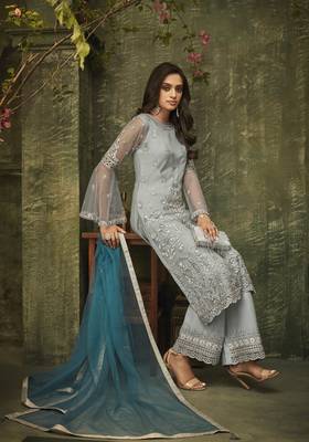 Grey Embroidered Net Semi Stitched Salwar With Dupatta 2