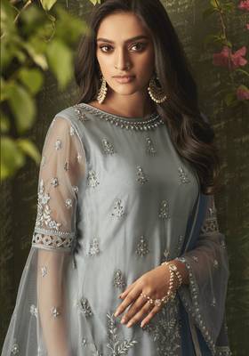 Grey Embroidered Net Semi Stitched Salwar With Dupatta 3