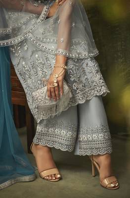 Grey Embroidered Net Semi Stitched Salwar With Dupatta 4