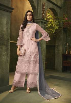 Pink Embroidered Net Semi Stitched Salwar With Dupatta 1