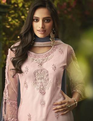 Pink Embroidered Net Semi Stitched Salwar With Dupatta 2