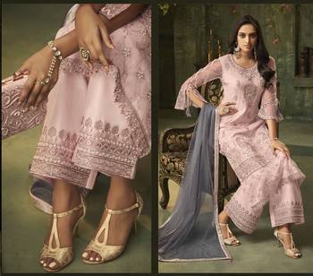 Pink Embroidered Net Semi Stitched Salwar With Dupatta 3