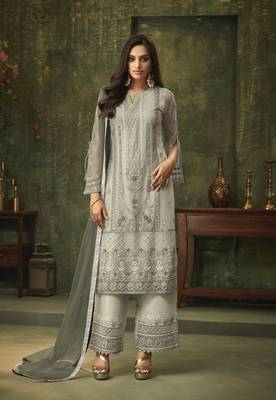 Green Embroidered Net Semi Stitched Salwar With Dupatta 1