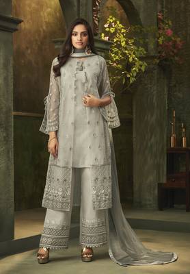 Green Embroidered Net Semi Stitched Salwar With Dupatta 2