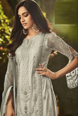 Green Embroidered Net Semi Stitched Salwar With Dupatta 3