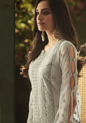 Green Embroidered Net Semi Stitched Salwar With Dupatta 4