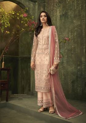 Peach Embroidered Net Semi Stitched Salwar With Dupatta 1